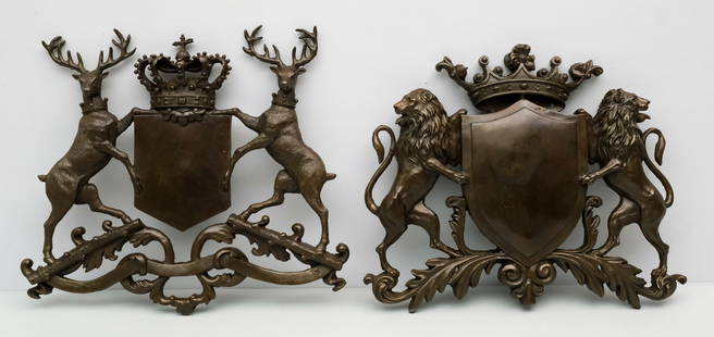 Pair of Antique Bronze Heraldic Wall Plaques: One flanked by lions, the other stags, After Canova & Patoue.