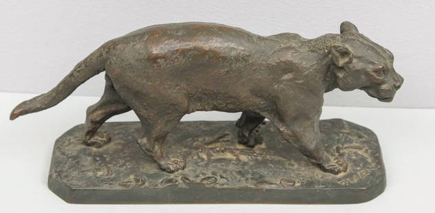 Pierre Jules Mene, Bronze "Tiger Walking": The wild cat with flattening ears. Signed on base. 8 3/4".