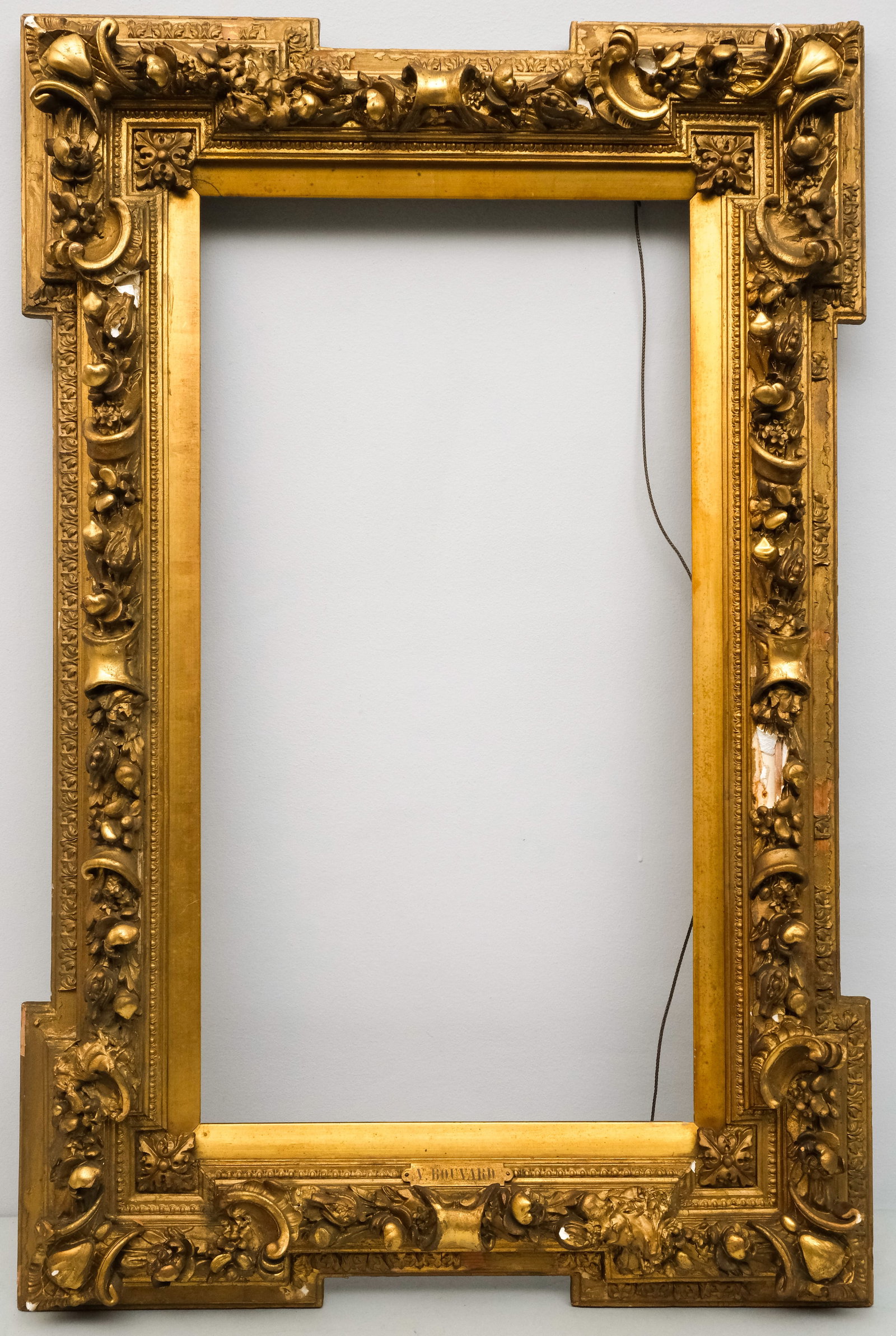 American Barbizon Gilt Frame 14 3/4" x 27": American, ca. 1880, having crossetted corners and bold ornament. Overall 24" x 36 1/4", Rabbet 14 3/4" x 27", Molding 5".