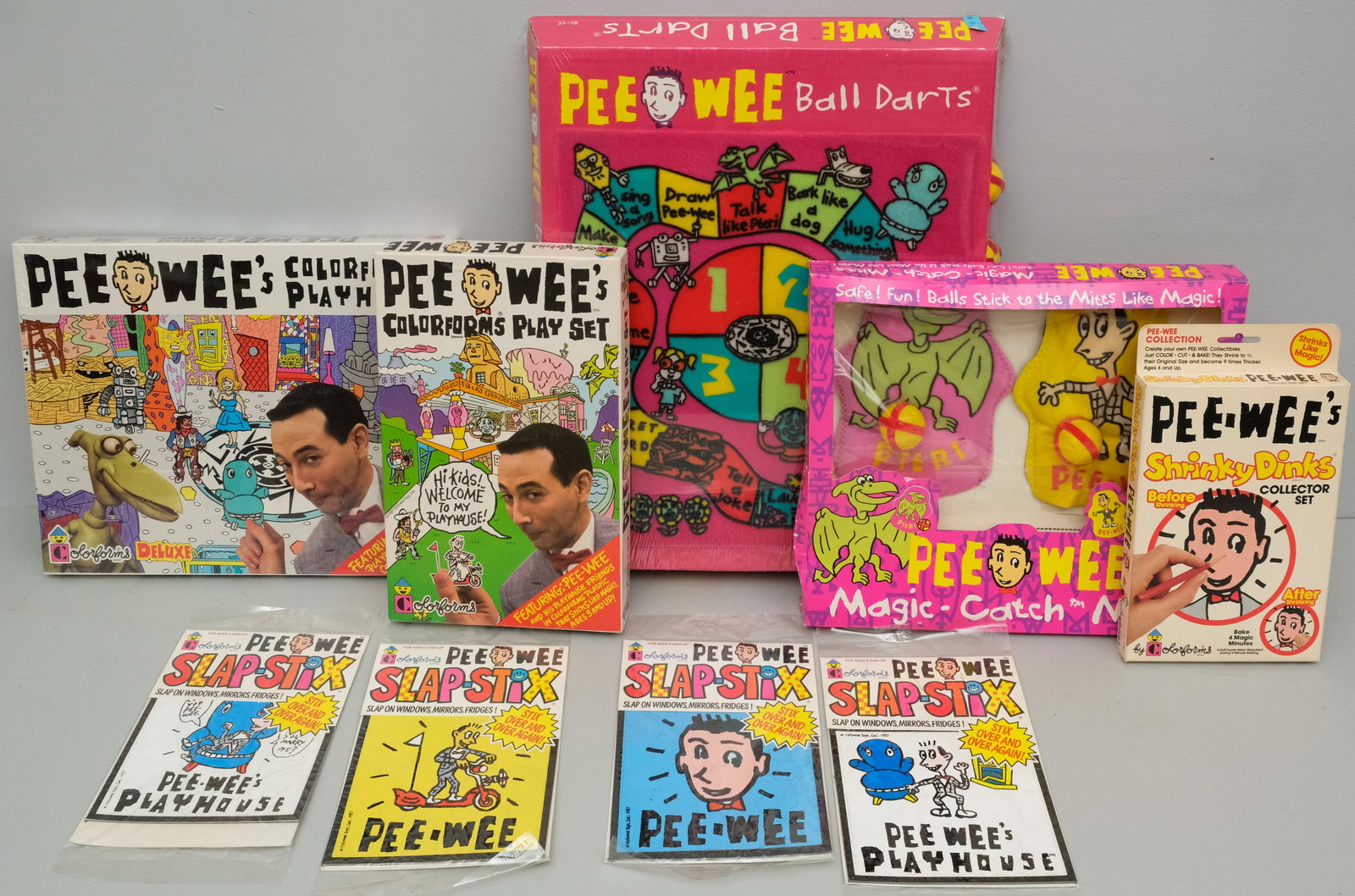 Pee-Wee's Playhouse Merchandise & Memorabilia: Comprising Slap-Stix, Shrinky Dinks, Colorforms, Magic Catch, Ball Darts. Many still in shrink wrap.