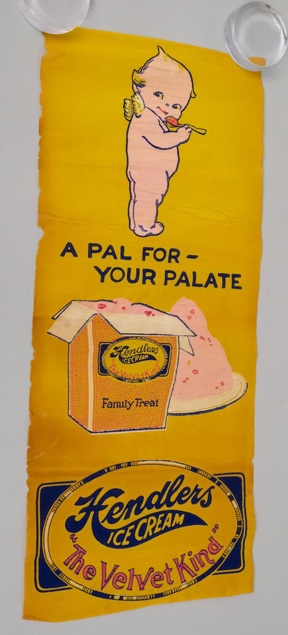 Antique Crepe Paper Ice Cream Advertisement: Antique ad for Hendler's of Baltimore, depicting a cherub acting as the pal to your palate. 9 3/4" x 23".