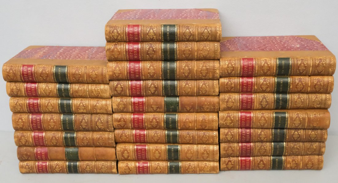 Lot of the Works of J. Fenimore Cooper: Lot of 23 late 19th century leather-bound volumes of the works of J. Fenimore Cooper, 7" x 5" each.