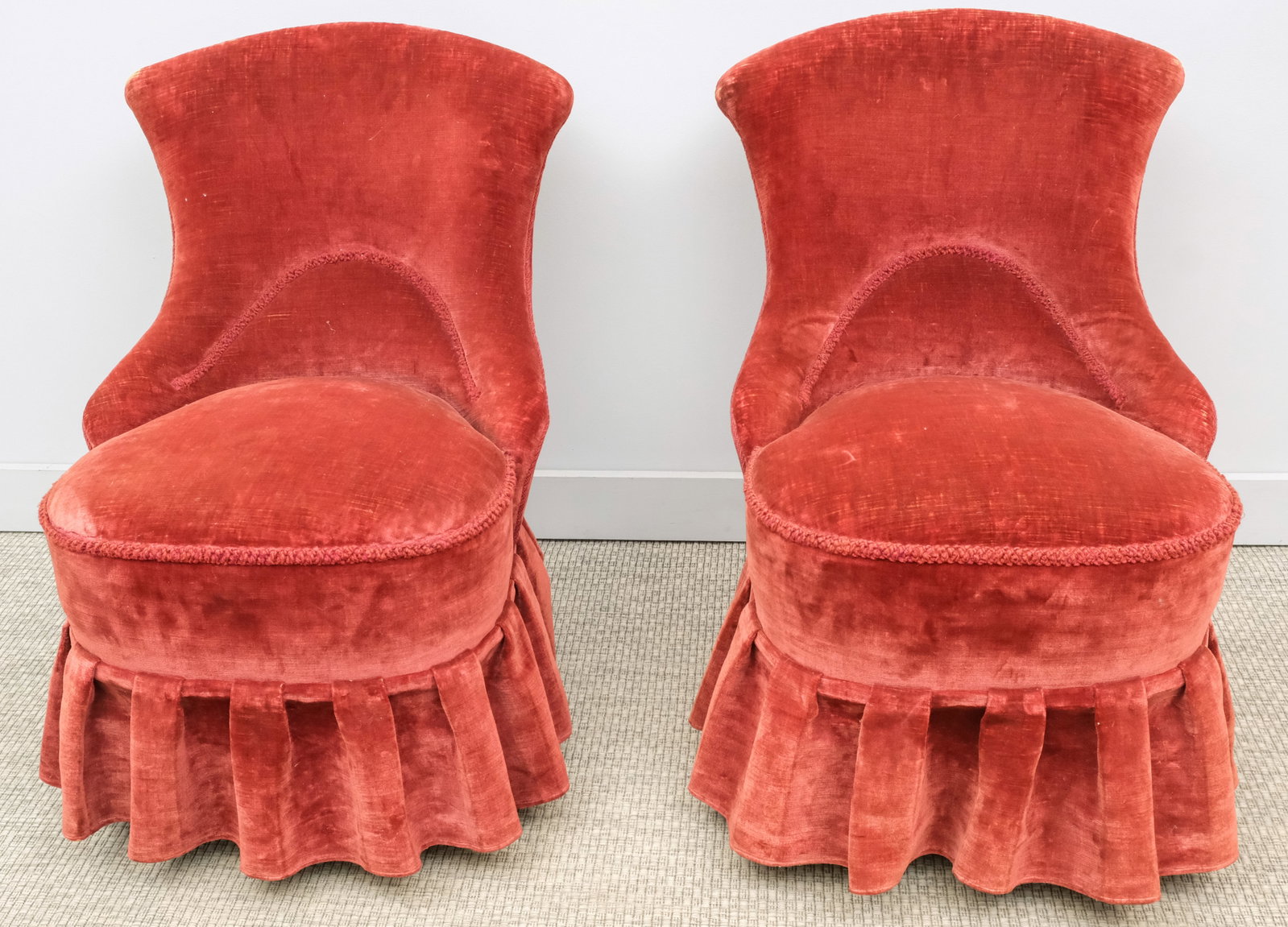 Pair of Maroon Slipper Velvet Chairs: Pair of 19th century maroon velvet slipper chair, 32" x 21 1/2" x 30".
