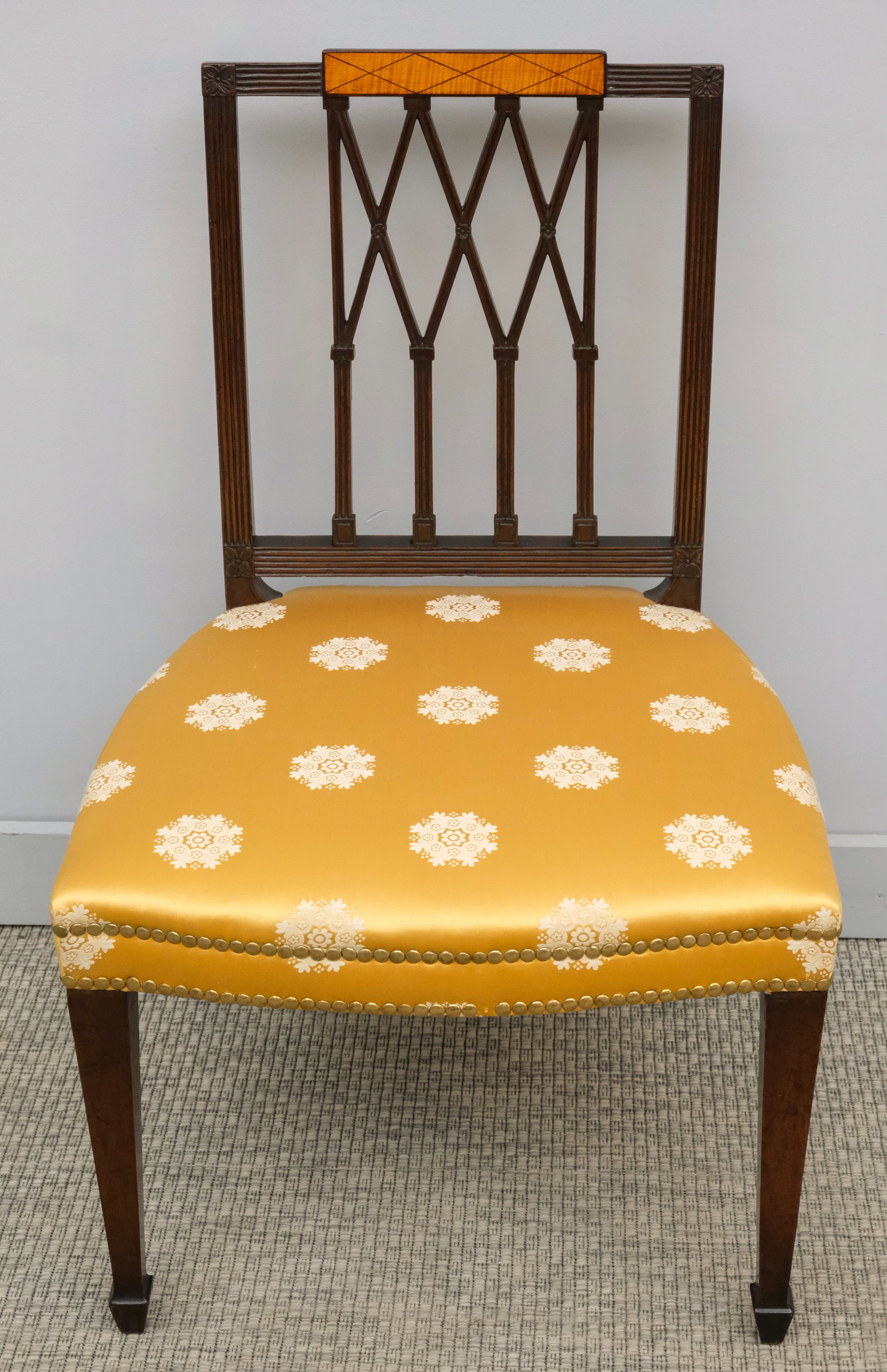 Federal Mahogany Side Chair: Federal style chair with goldenrod silk cushion, reeded mahogany frame, 34 1/2" x 21" x 21 1/2".