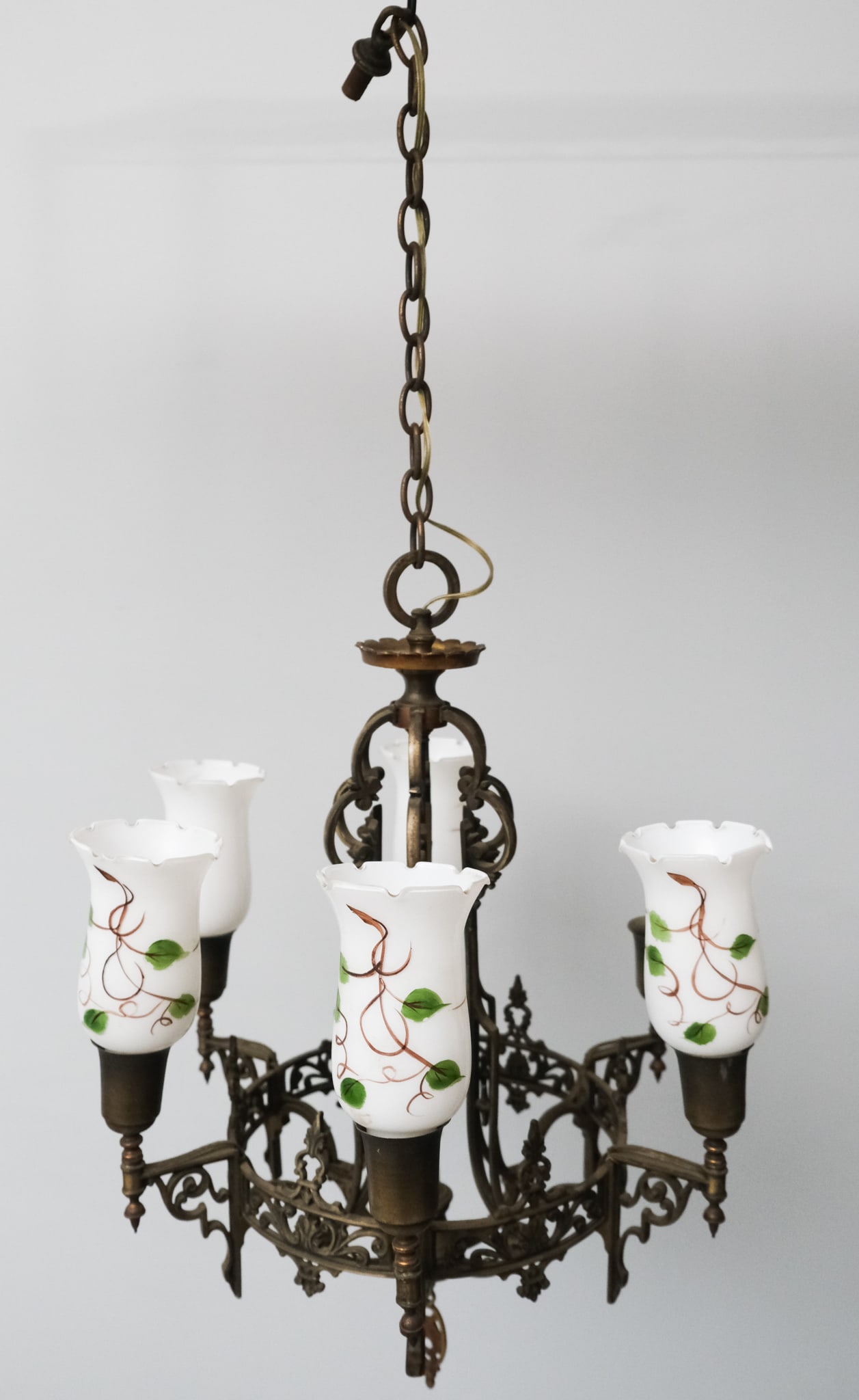 Art Deco Chandelier with Glass Shades: Early 20th century Art Deco, brass chandelier with glass shades, with six arms, 26" x 24" x 24".