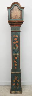 Antique Painted Tall Case Clock: Early 19th century Swedish tall case clock painted green with floral decorations, 80" x 12 1/2" x 7".