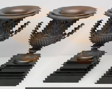 Pair Antique Grand Tour Bronze Garniture Urns: With neoclassical motifs, evocative of Medici or Borghese. On black slate bases. 11 1/2".
