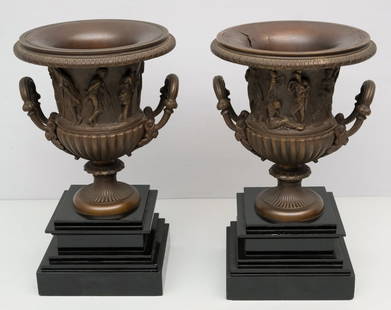 Pair Antique Grand Tour Bronze Garniture Urns: With neoclassical motifs, evocative of Medici or Borghese. On black slate bases. 11 1/2".