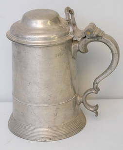 Early Antique Lidded Pewter Tankard Mug: Lidded form, marked a shown. 8"