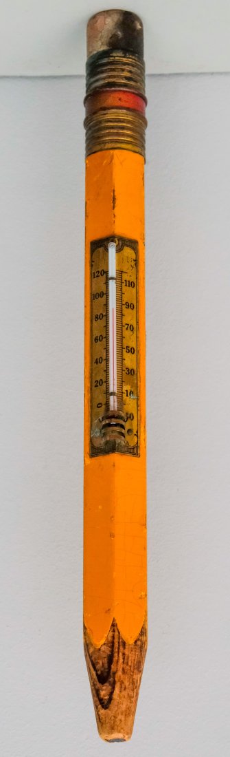 Vintage Novelty Oversized Pencil Thermometer: To commemorate the 75th Anniversary of Eagle Pencil Company. 13 1/2".