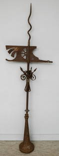 Sheet Iron Weathervane with Goose: Early 20th century sheet iron weathervane with goose and scrolled elements, 80" x 25" x 9".