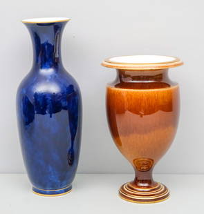 Two Antique Sevres Porcelain Vases: Comprising a gilt rim vase in flame tobacco (under rim chip), and another in cloudy blue (rim base chips). 10" and 13 1/4".