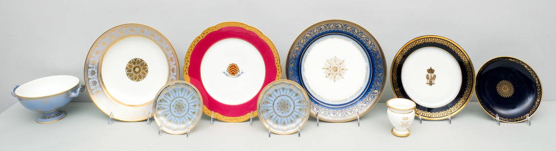 Lot of Antique Sevres Porcelain: Lot consisting of 19th century Sevres porcelain saucers, including one decorated with the imperial eagle, some marked "Chateau de St. Cloud", a cloudy blue and a cobalt blue "Dore a Sevres", largest 9