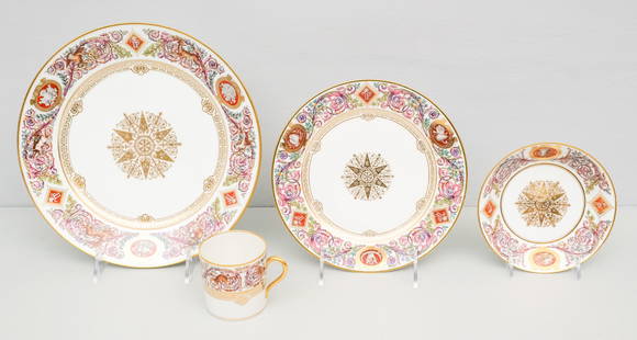 Set of Matching Sevres Porcelain: Set of various sized 19th century saucers and a teacup decorated in "Hunt Service" from Chateau de Fontainebleau, largest 10" x 10", smallest 2 1/2" x 3 1/4" x 2 1/2".