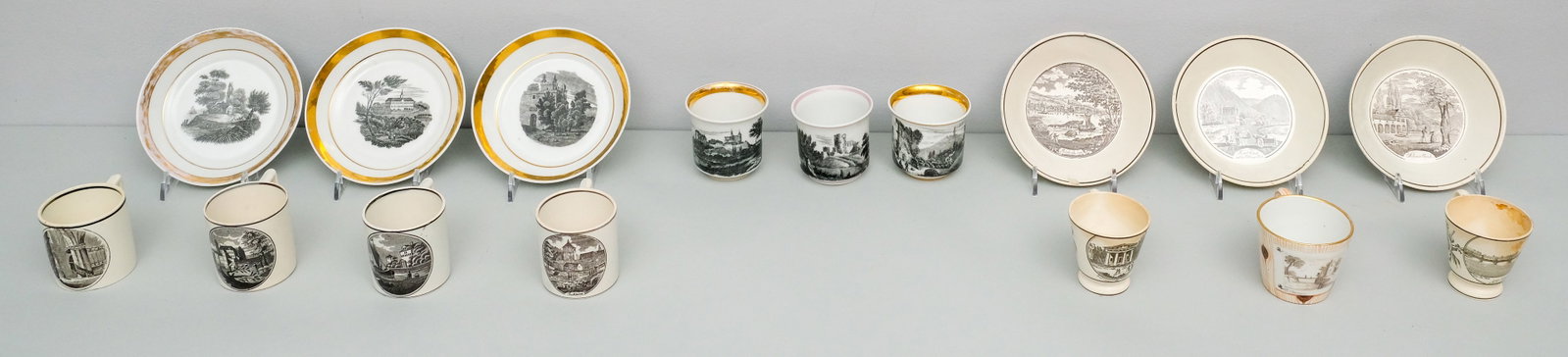 Collection of Antique Bat Printed Porcelain Cups: Some with saucers, mostly of Staffordshire and German manufacture.