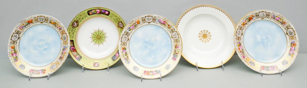 Sevres Porcelain Chateau D'Eu Plates & Bowls: Antique Sevres from the Chateau D'Eu service, comprising soup bowl (hairlines), (3) luncheon plates, and a Dore a Sevres soup bowl. Largest 9 1/2" in diameter. Marked as shown.