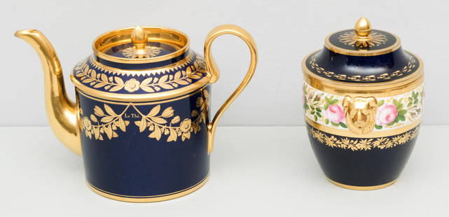 Sevres Porcelain Cobalt Ground Teapot & Sugar Bowl: Cobalt and gilt body with floral banding. 5" to top of spout. Marked as shown.