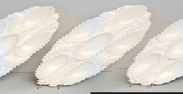 Two Antique Minton Salt Glaze Oyster Plates: Figural form with leaping fish, seaweed and shells. Marked as shown. 10 5/8".