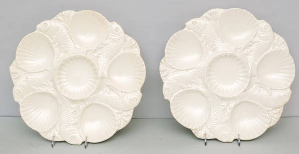 Two Antique Minton Salt Glaze Oyster Plates: Figural form with leaping fish, seaweed and shells. Marked as shown. 10 5/8".