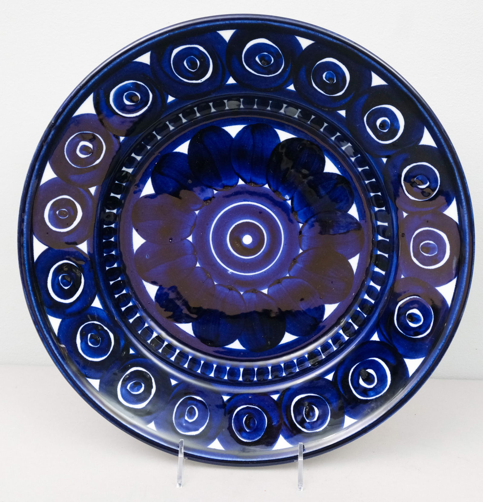 Large Arabia of Finland "Valencia" Pattern Bowl: Large center low bowl designed by Ulla Procope with Hand Painted blue and white decoration. Marked as shown. 14" diameter.