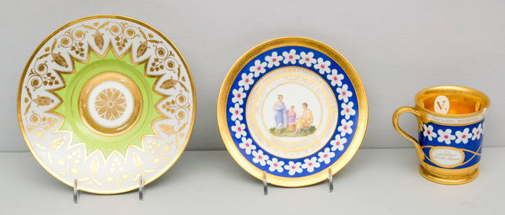 Early Royal Vienna Porcelain Cup & Saucer, 1819: Pompeian scene, dated 1819 and decorated with gilt key and floral band. Together with a Royal Vienna bowl. Bowl 7 1/4".