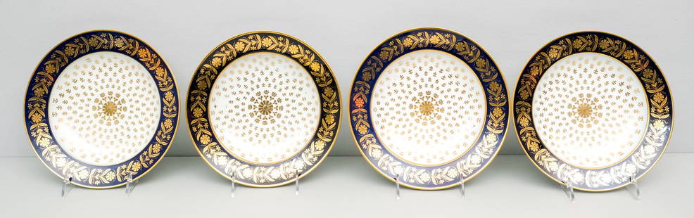 Set 4 Antique Sevres Porcelain Soup Bowls: With cobalt rims and gilded field. Marked as shown. 9 1/4".