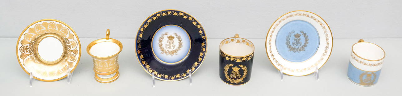 Antique Sevres Porcelain From Chateau de Tuileries: (3) Sevres cups & saucers in varying palettes, including one bearing the insignia of Louis Philippe. Marked as shown.