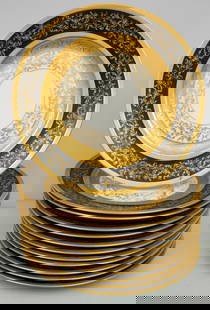 Set 12 Royal Bavarian Black & Gold Dinner Plates: Heavily gilded dinner or cabinet plates with black borders. 10 5/8". Marked as shown.