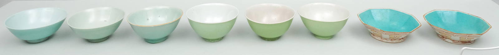 Group of Antique Chinese Pottery & Porcelain Bowls: Group of mostly celadon bowls. Largest 6 1/8".