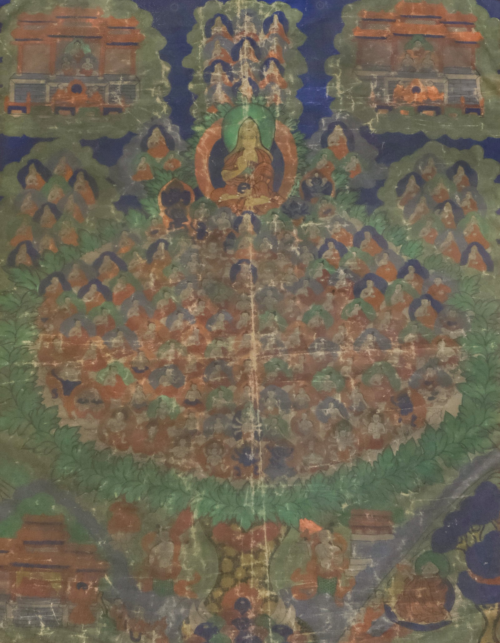 Antique Tibetan Thangka on Silk: 18th century Tibetan thangka on silk depicting configurations of deities, 23 1/2" X 32 1/2" sight, 32" X 42" overall.
