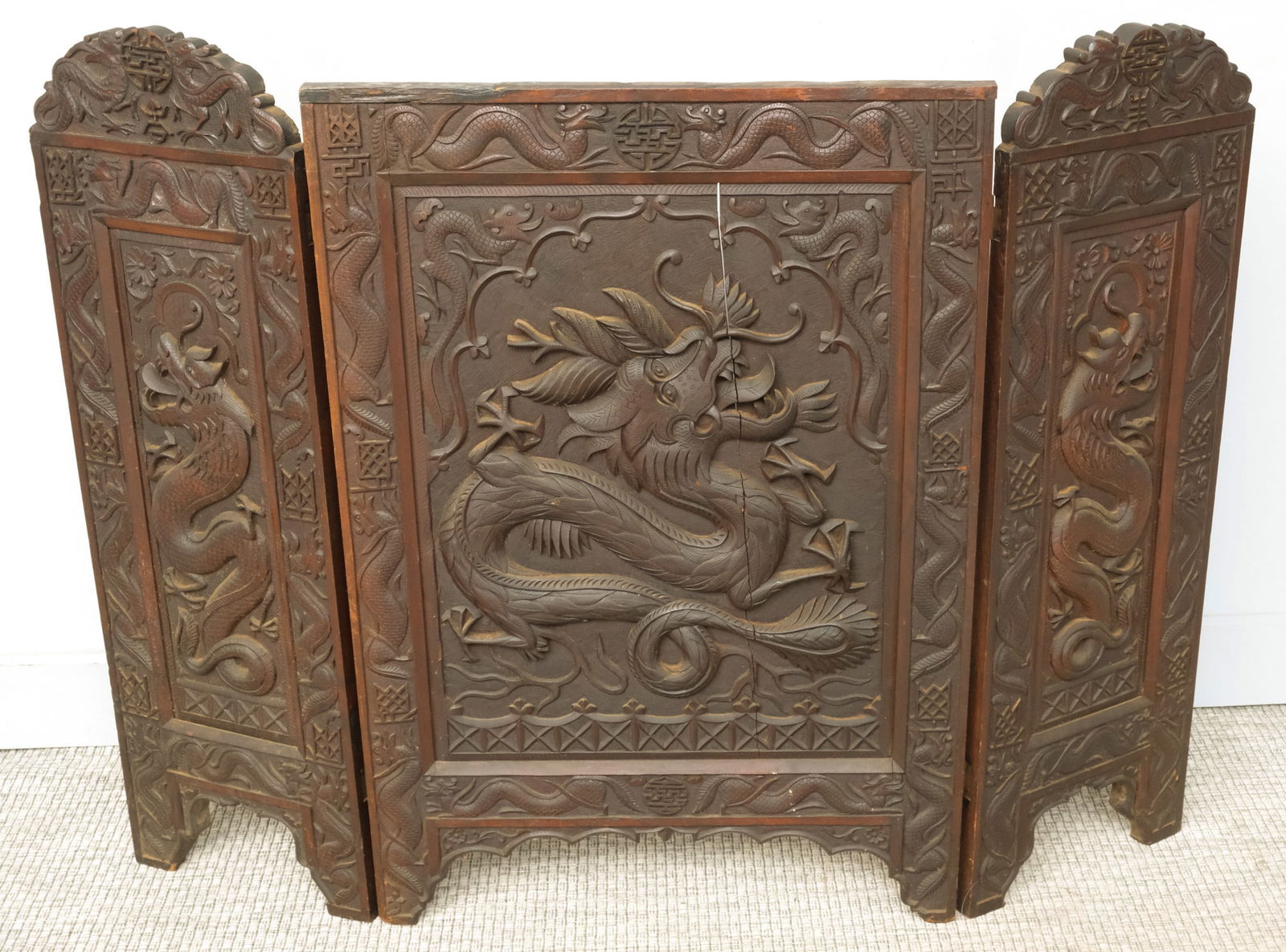 Chinese Carved 3-Panel Folding Screen (1 of 5)