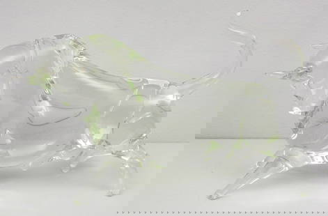 Pino Signoretto, Murano Glass Bull: Pino Signoretto (Italian, 1944-2017) modernist rumbling bull sculpture. Signed on bottom. 13 1/2".