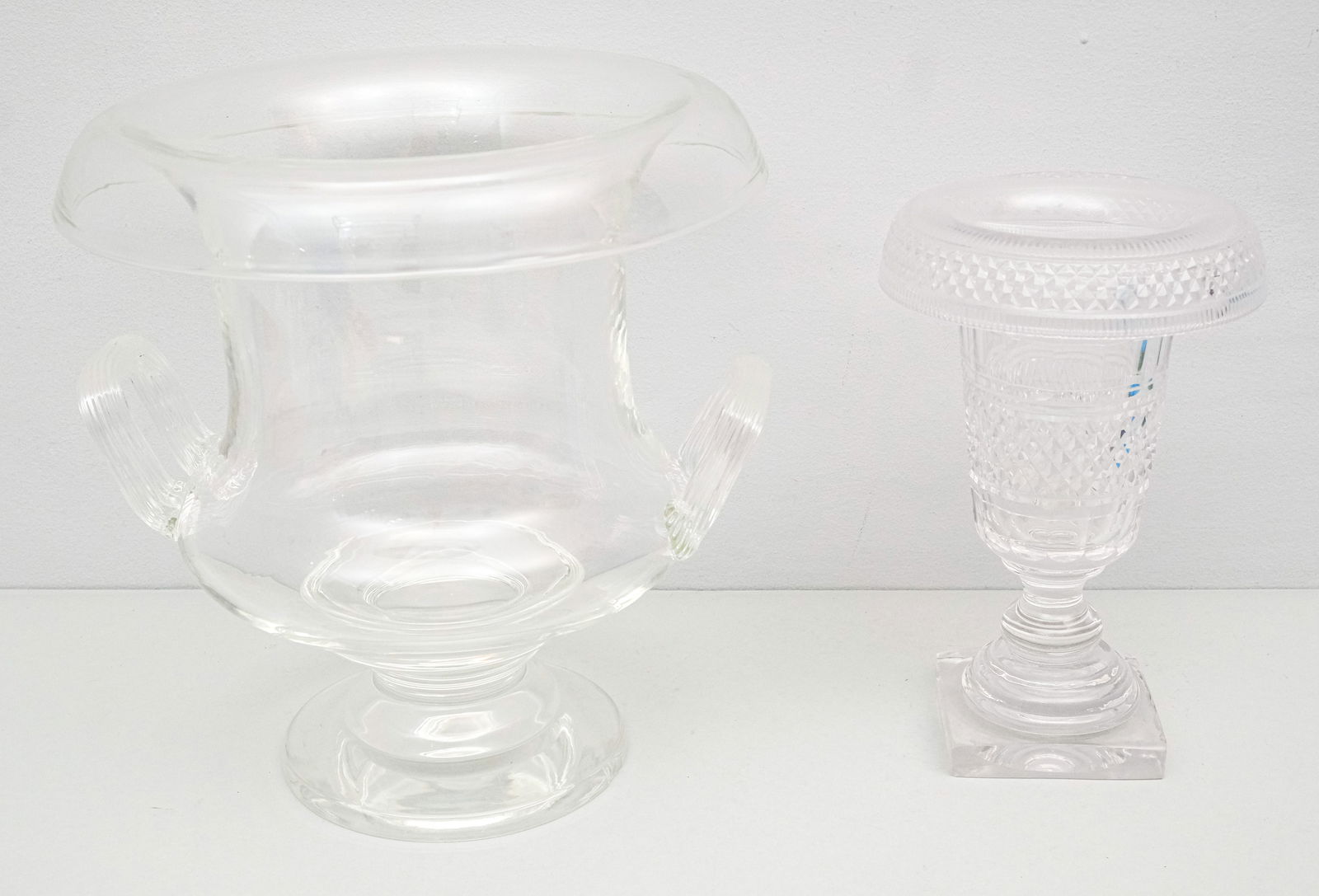 Oversized Steuben Glass Wine Cooler: Campagna form cooler with flared and turned lip. Marked as shown. Together with an an antique Anglo Irish crystal urn. 12"