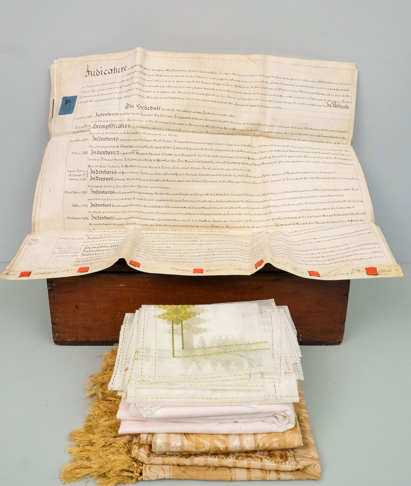 Antique Wood Box With Textiles & an Indenture (1 of 15)