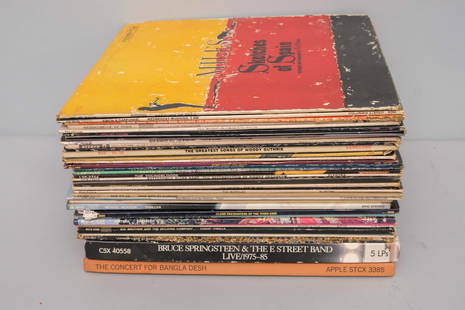 Crate of Various Vinyl Records: Lot consisting of 36 vinyl records and two collections, including Leonard Cohen, Elton John, Bob Marley and the Wailers, Bob Dylan, Woody Guthrie, Michael Jackson, Johnny Cash, Bruce Springsteen, Glor