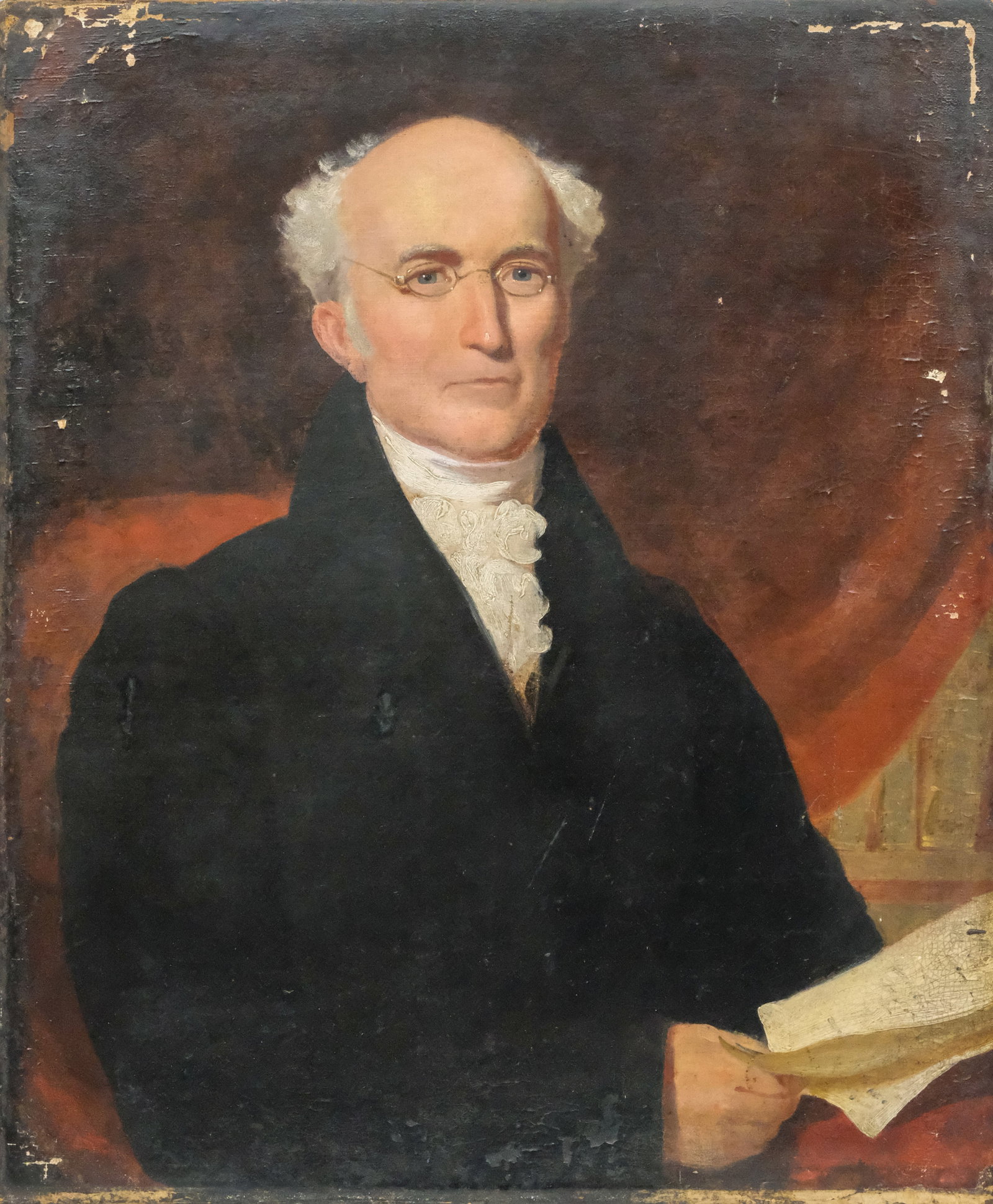 American School, Portrait of a Bespectacled Man: American, 19th century oil on canvas depicting a man with small glasses and ruffled cravat, 30 1/4" x 25 1/4" canvas.