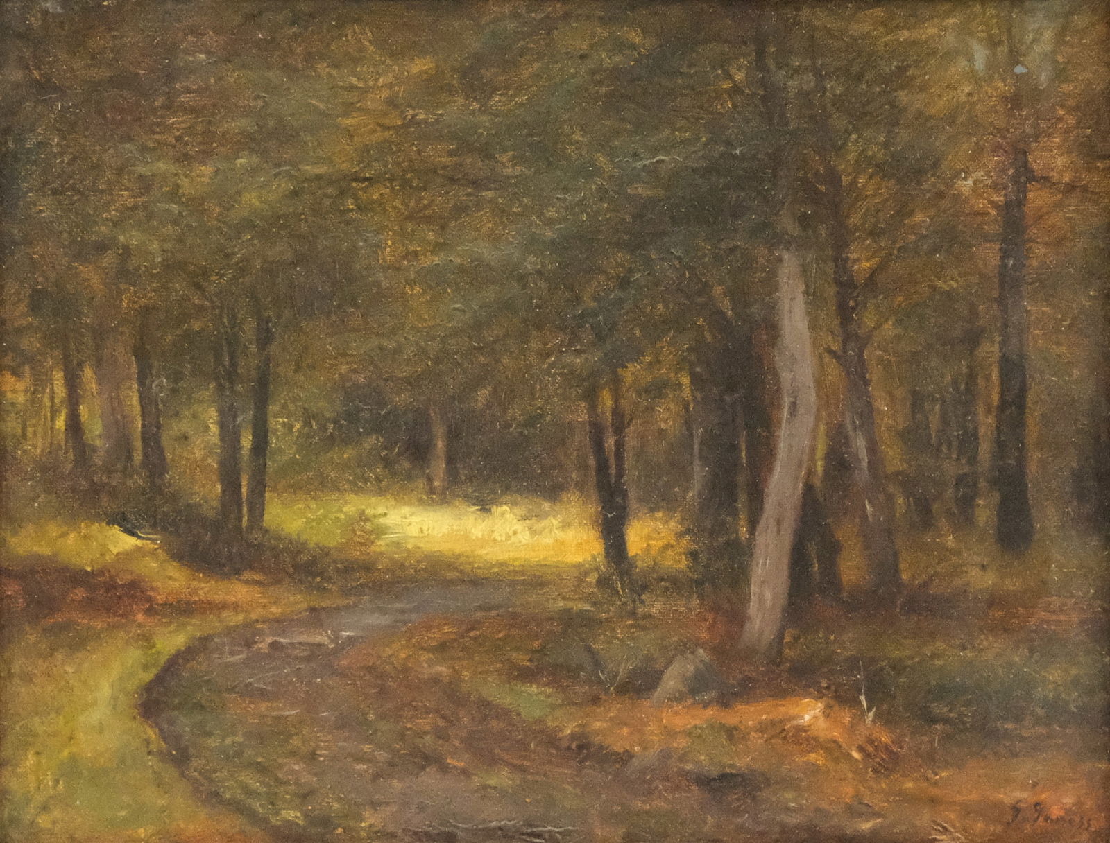Attr. to George Inness, Winding Road Landscape: Attributed to George Inness (American, 1825-1894), oil on canvas depicting a winding road, meandering through a forest, signed "G. Inness" l.r., 7 1/2" x 10 1/4" canvas, 12 1/4" x 14 1/4" framed.