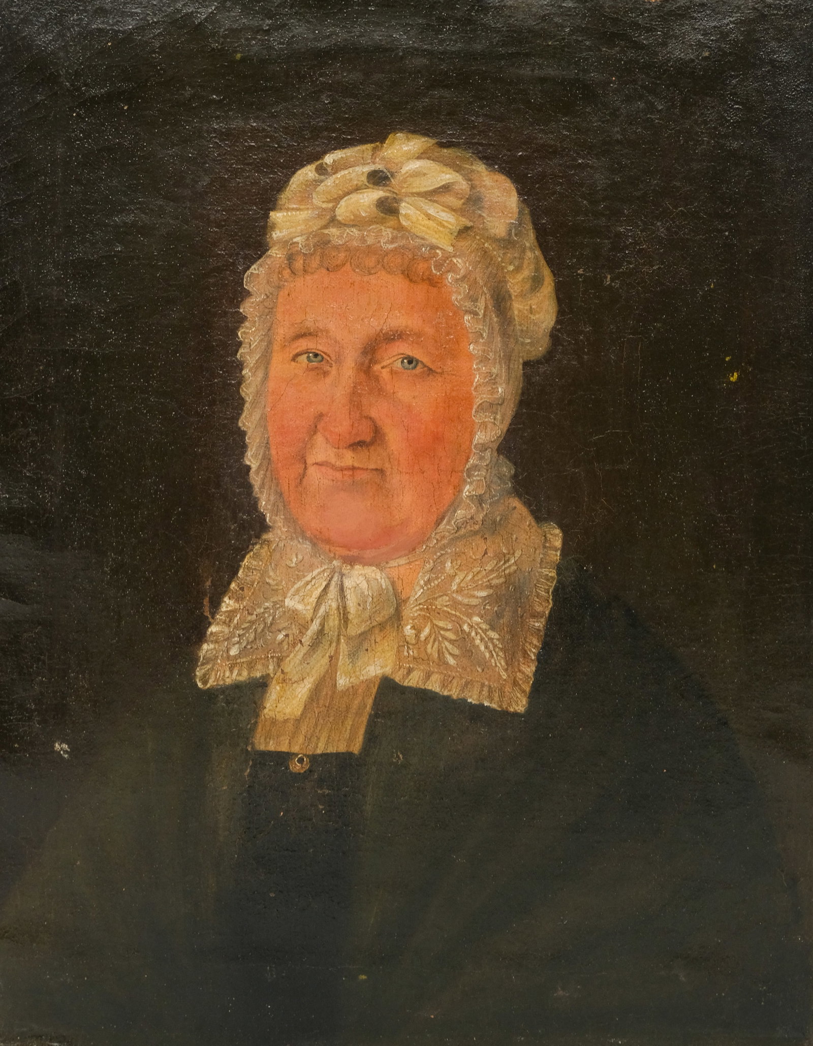 Norwegian School, Alison Kristine Lieungh: Norwegian, 19th century oil on canvas depicting a portrait of Alison Kristine Eliasdatter Lieungh (nee Winther) in a white bonnet and lace collar, 20 1/2" x 18 1/2" canvas.