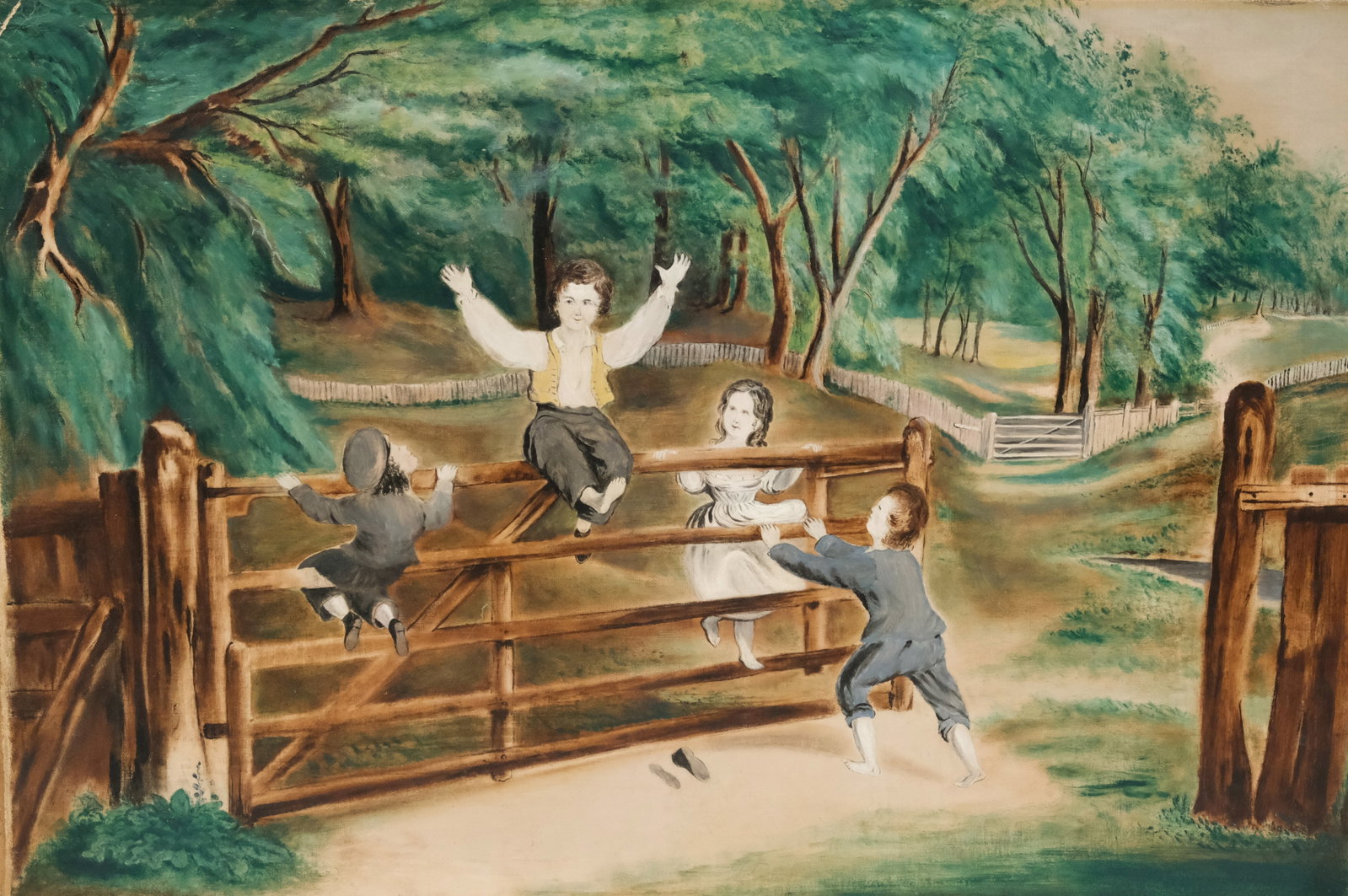 European School, Children at Play: European, 19th century oil on canvas depicting four small children climbing on a wooden gate, 17 3/4" x 26 1/2" overall.