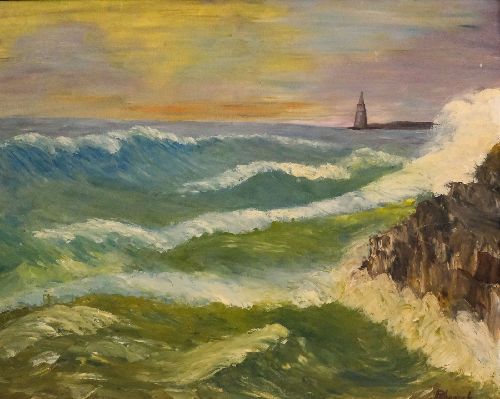 German School, Rocky Shore: German, 19th century oil on board depicting waves on a rocky shore, signed "Blunck" l.r., 24" x 30" board, 27 1/" x 33 1/2" framed.