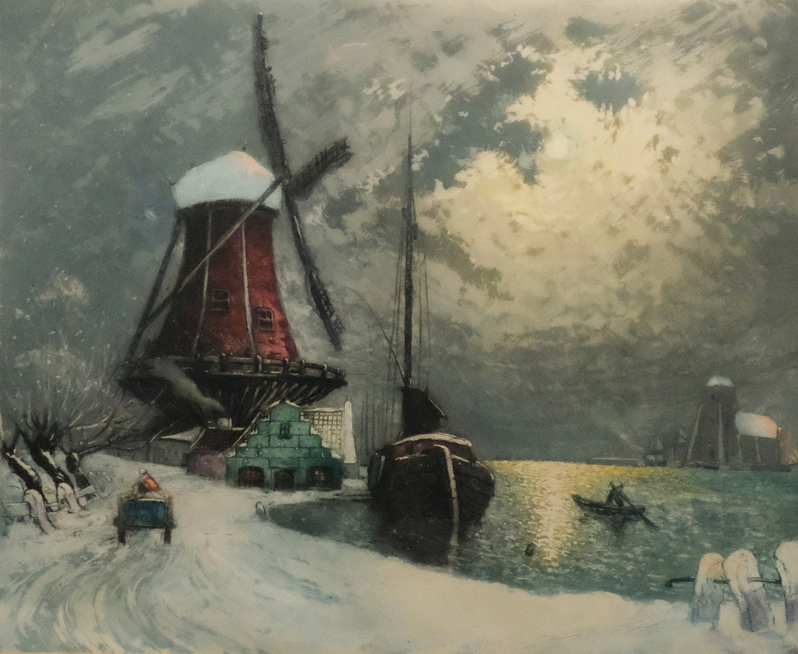 Heran Chaban, Windmill Wharf: Heran Chaban (French, 1887-1939), color etching on paper depicting a windmill on a wharf in winter, signed l.r., 18 1/4" x 22 1/4" image size, 27 3/4" x 32" framed.