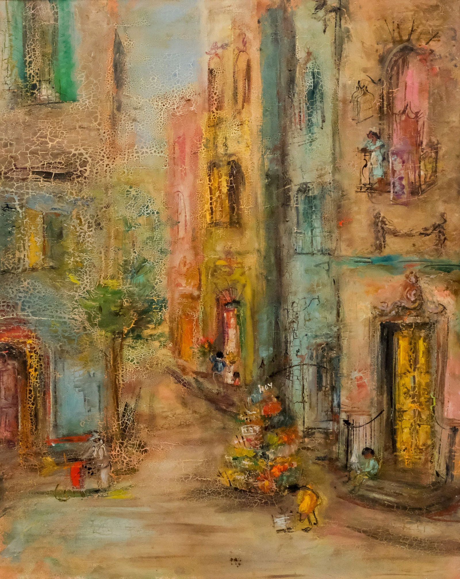 Haitian School, Street Corner Scene: Haitian, 20th century oil on canvas depicting a colorful street corner scene, signed "Joan Singleton" verso, housed in a Heydenryk frame, 30" x 24" canvas, 40" x 33" framed.