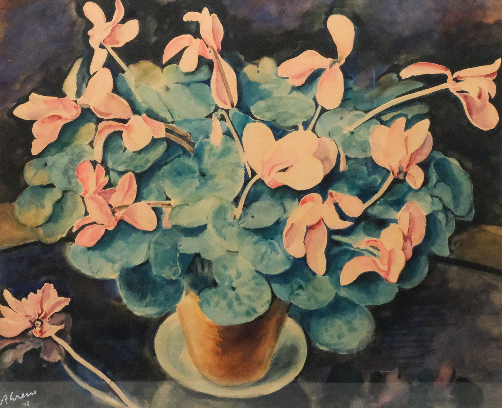 American School, Floral Still Life: American, 1945, watercolor on paper depicting a floral arrangement on a table, signed "Ahrens" and dated l.l., 17 13/4" x 21 3/4" sight size, 26" x 30" framed.