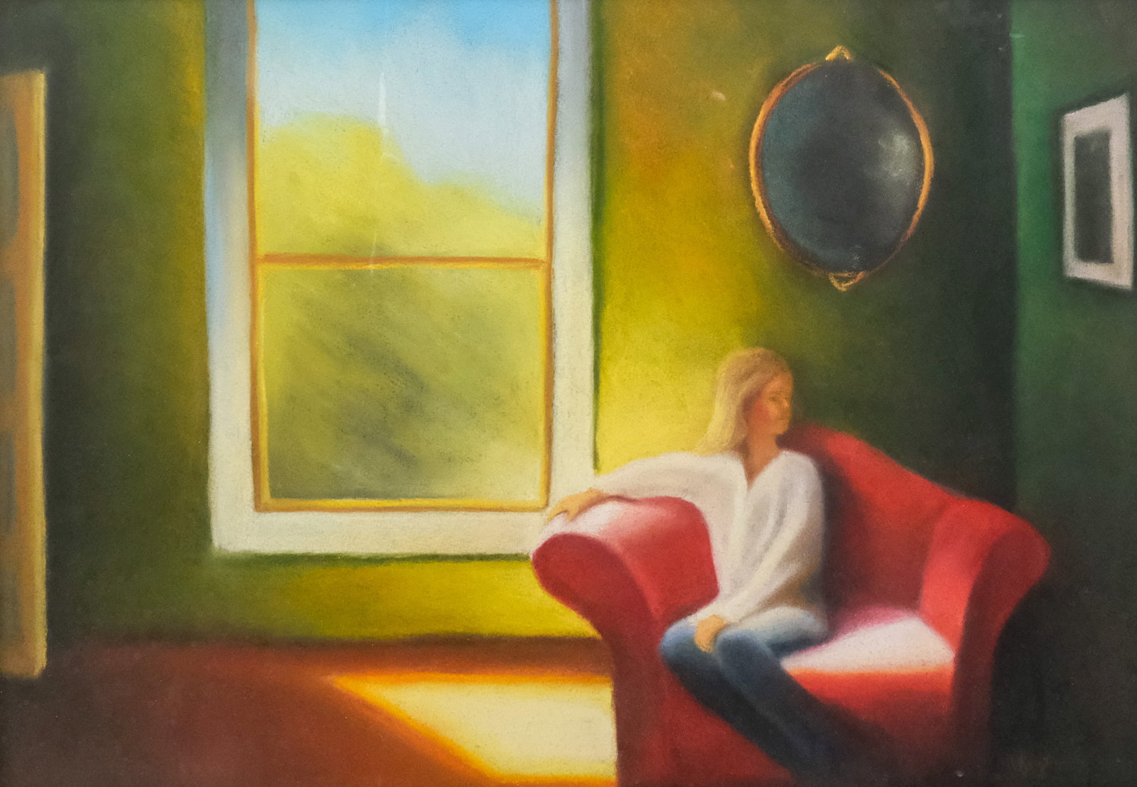 American School, Sitting in Silence: American, 20th century pastel on paper depicting a woman seated in a red armchair, face turned away from the window, signed illegibly l.r., 14 3/4" x 21" sight size, 26 1/2" x 32 1/2" framed.
