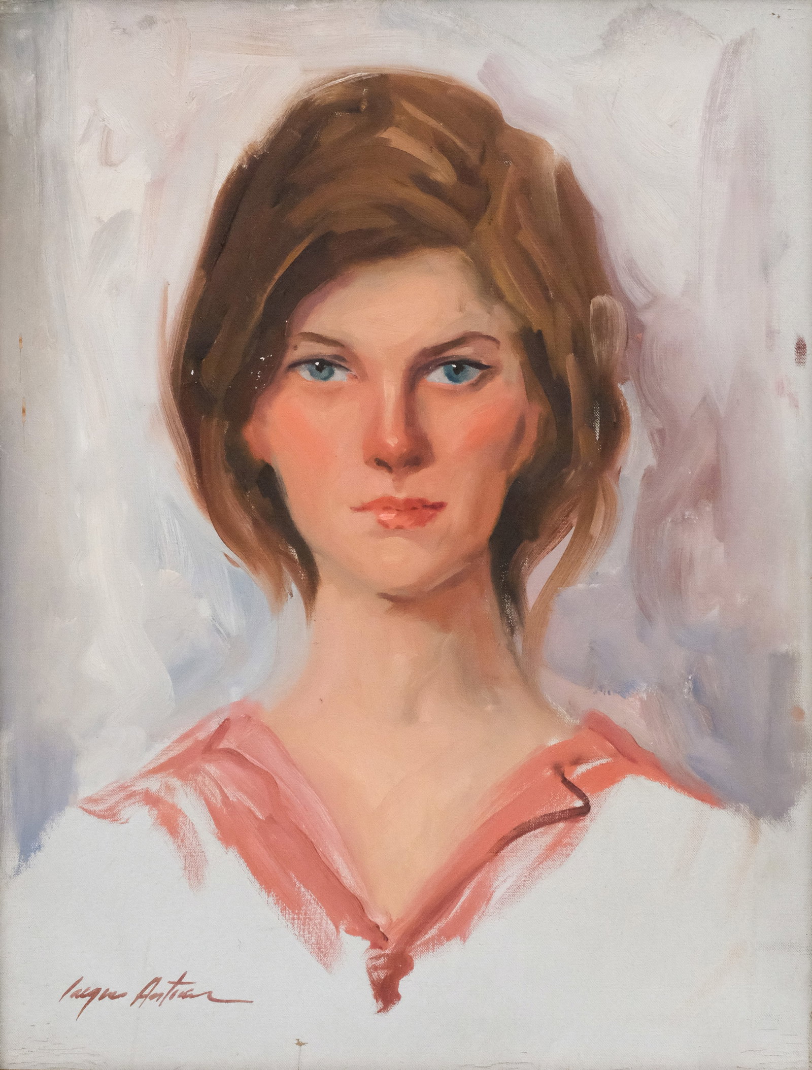 American School, Portrait of a Young Woman: American, 20th century oil on canvas depicting a blue-eyed young woman with a sharp gaze, signed l.l., 24" x 18" canvas, 28 1/4" x 22" framed.