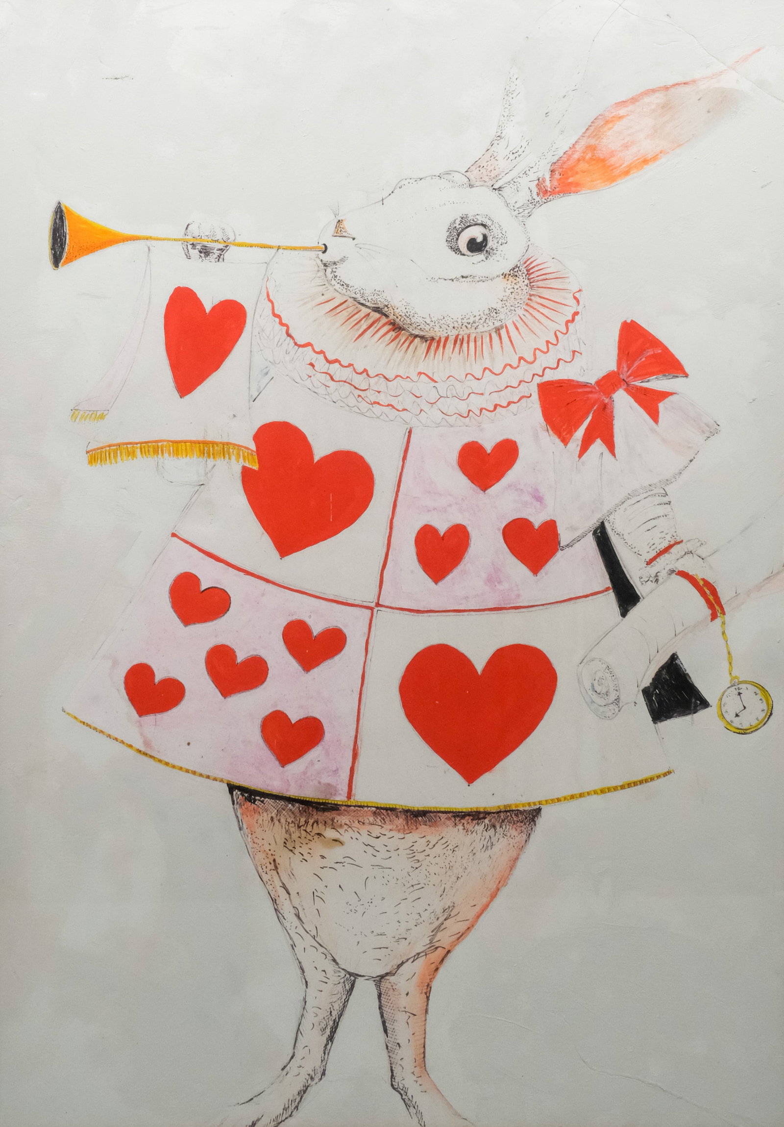 American School, White Rabbit: American, 20th century graphite and acrylic on board depicting the White Rabbit from "Alice in Wonderland", dressed for the court of the Queen of Hearts, 29 3/4" x 20 1/2" sight size, 39" x 30" framed