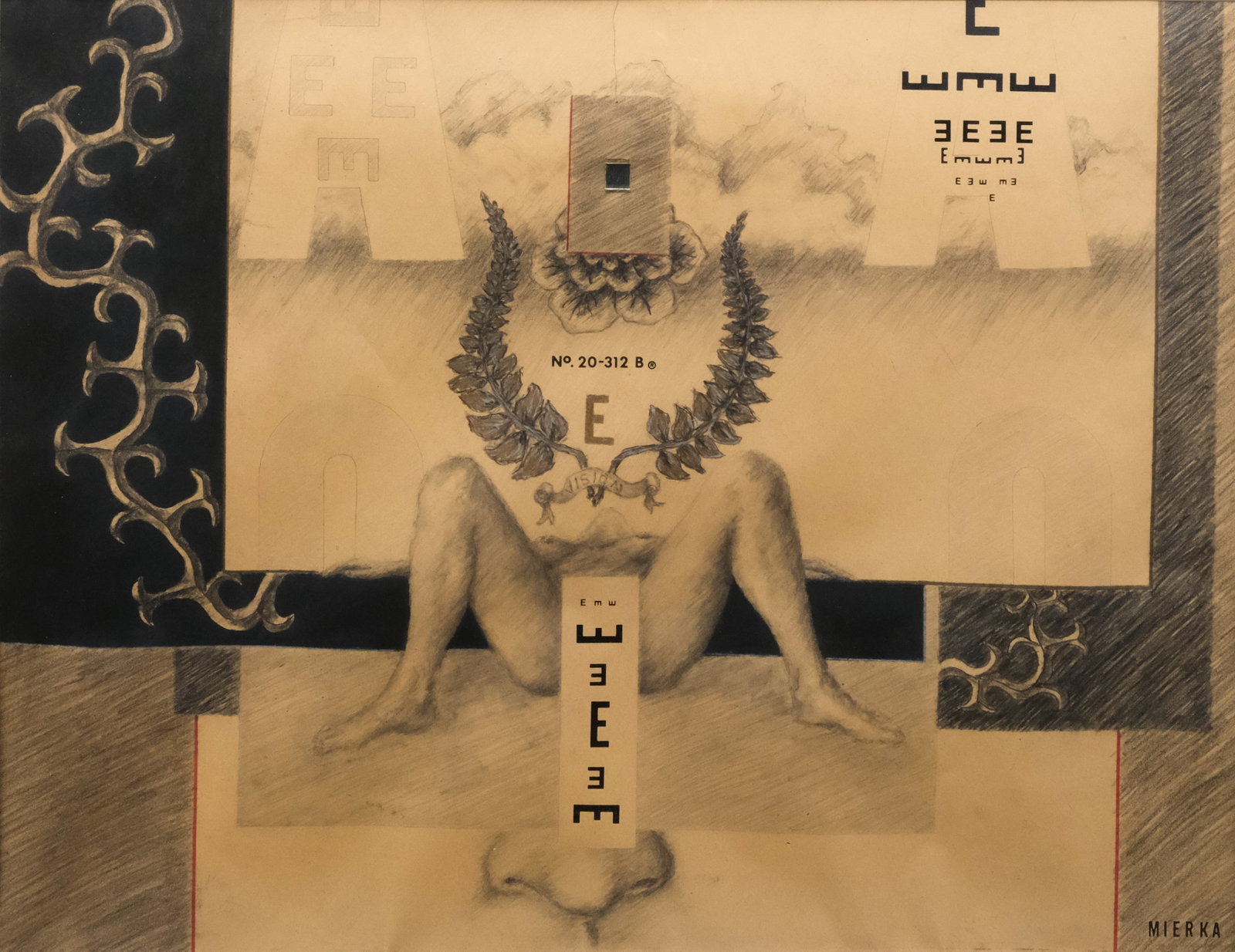 Gregg A. Mierka, "Eye" Exam: Gregg A. Mierka (American, born 1950), graphite, ink and mirrored glass on paper depicting a woman laying on her back, legs spread, surrounded by letters reminiscent of an eye exam, signed l.r., 15 1/