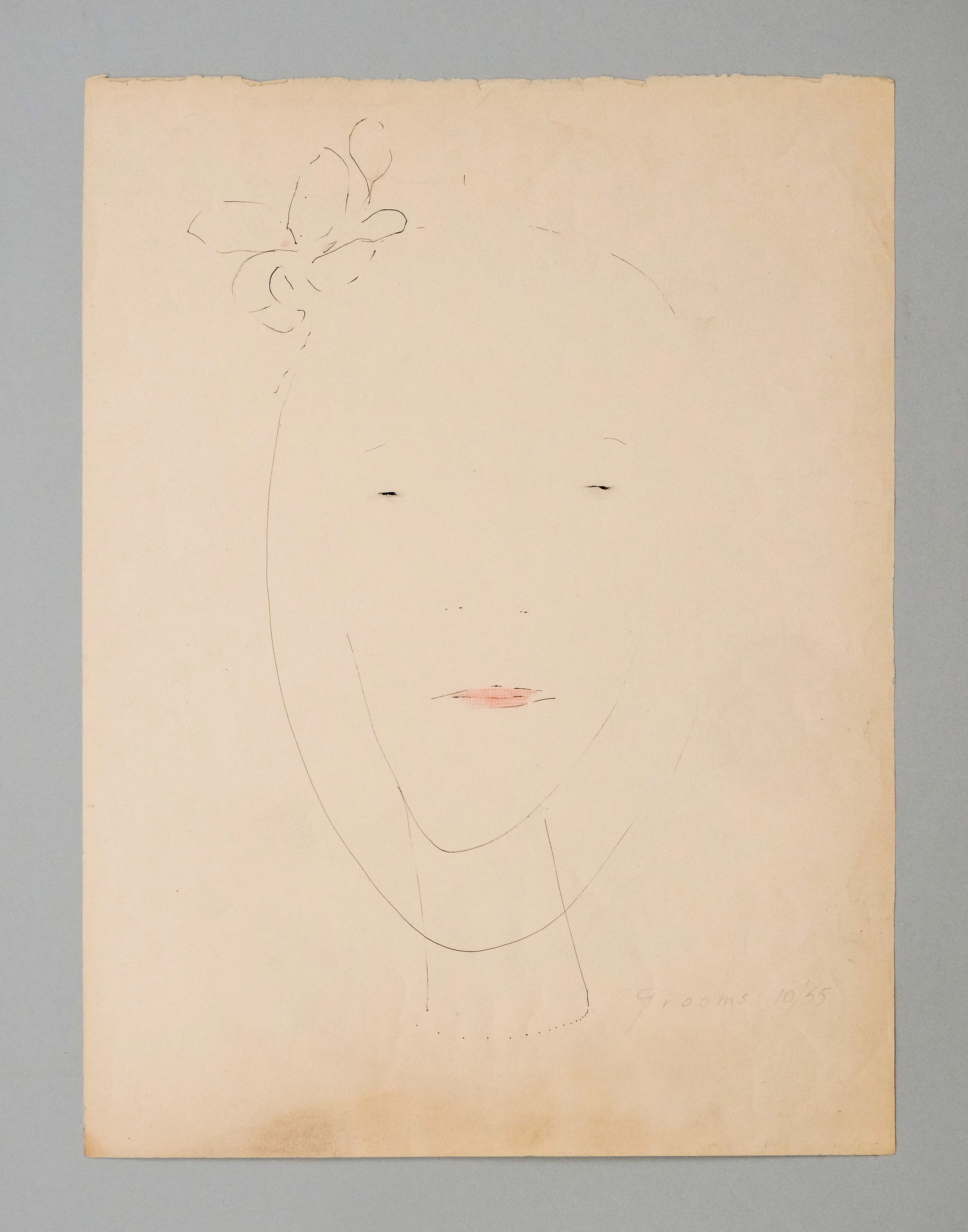 Red Grooms, Sketch of a Woman in a Bonnet: Red Grooms (American, born 1937), ink and red colored pencil depicting a woman in a bonnet, signed l.r., 19 1/4" x 14 1/2" sheet size.