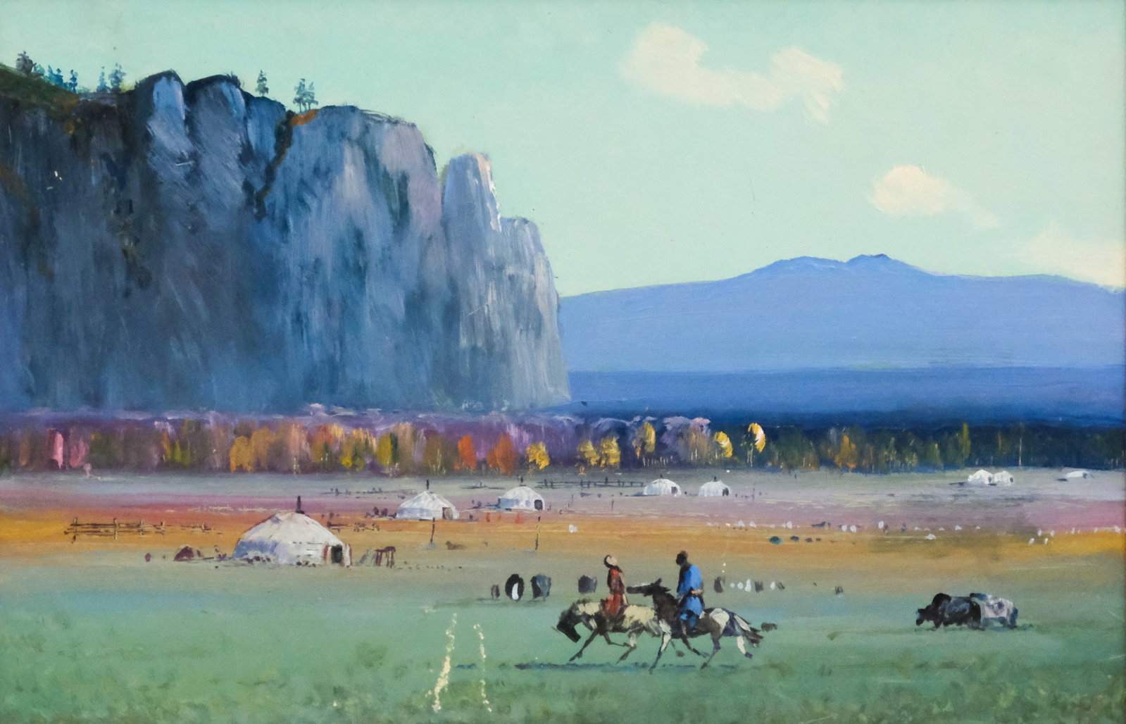 Mongolian School, Ger Camp in the Grassland: Mongolian, 20th century oil on board depicting a small camp composed of gers in the Mongolian grasslands at the foot of a steep cliff side, 11 1/4" x 17 1/4" sight size, 14 1/4" x 20 1/4" framed.