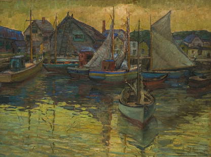 Arnold Hoffmann, "Gloucester, Mass.": Arnold Hoffmann (American, 1886-1966), 1922, oil on canvas depicting a dock in Gloucester as the day comes to an end, signed, dated and titled l.r., 30" x 40" canvas, 37 3/4" x 47 1/2" framed.